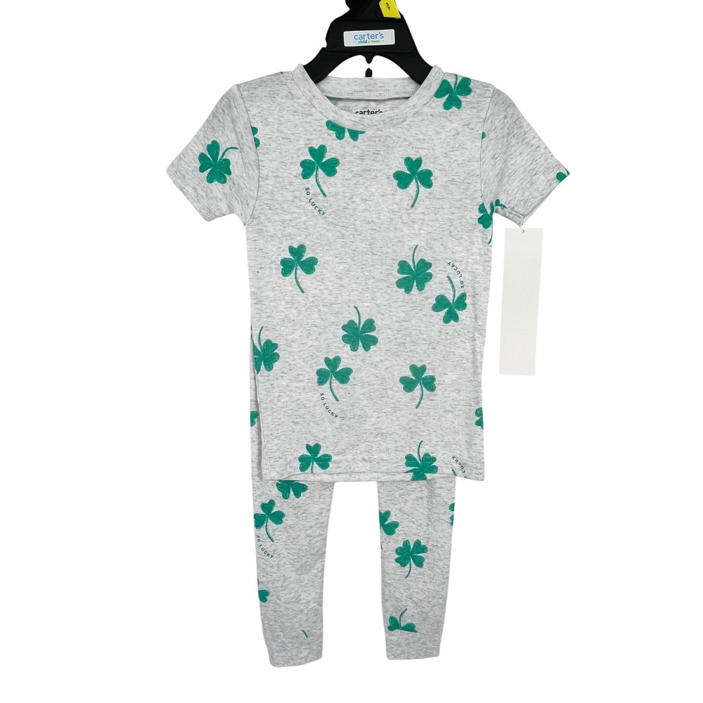Carters Pajama Set Kids 3T Gray Green Shamrock So Lucky St Patricks Day 2pc